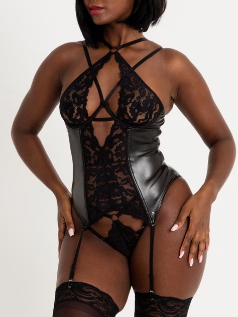 Lovehoney Fierce Romance Black Wet Look and Lace Bustier Set