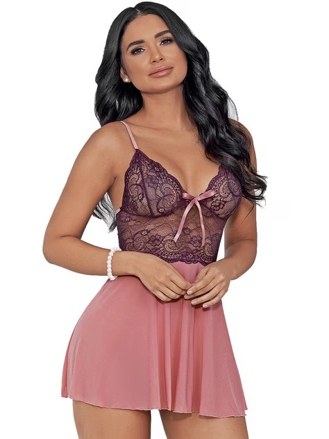 Escante Plum Lace and Mesh Babydoll Set